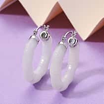 Natural Jade Hoop Earring with Clasp in Rhodium Overlay Sterling Silver 37.00 Ct.