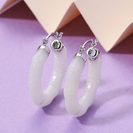Natural Jade Earring with Clasp in Rhodium Overlay Sterling Silver 37.00 Ct.