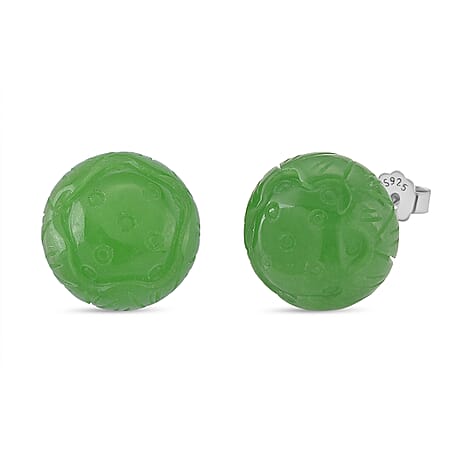 Green Jadeite Earring with Push Back in Rhodium Overlay Sterling Silver 35.00 Ct.