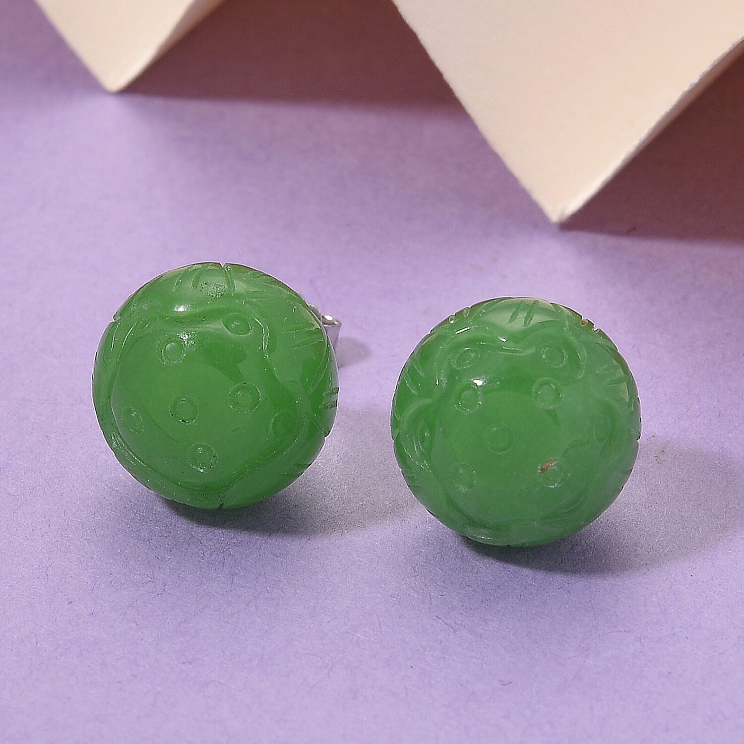 Green Jadeite Earring with Push Back in Rhodium Overlay Sterling Silver 35.00 Ct.