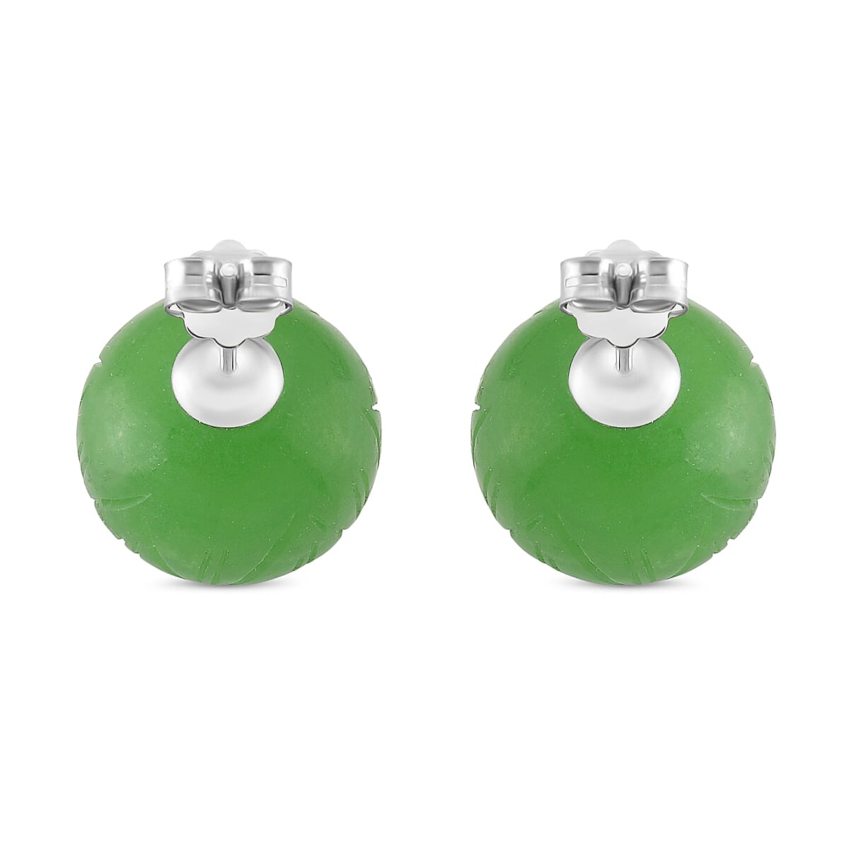 Green Jadeite Earring with Push Back in Rhodium Overlay Sterling Silver 35.00 Ct.