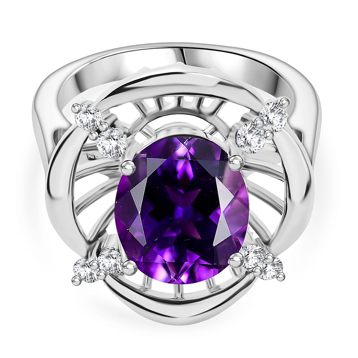 Natural Moroccan Amethyst & White Zircon Sunlit Grace Ring in Rhodium Overlay Sterling Silver 3.53 Ct.