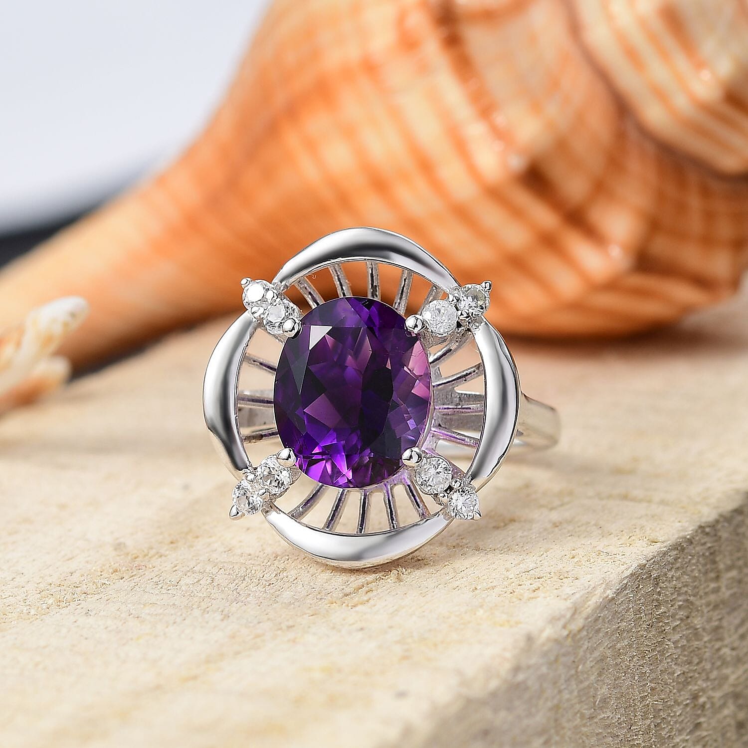 Natural Moroccan Amethyst & White Zircon Sunlit Grace Ring in Rhodium Overlay Sterling Silver 3.53 Ct.