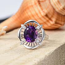 Natural Moroccan Amethyst & White Zircon Sunlit Grace Ring in Rhodium Overlay Sterling Silver 3.53 Ct.