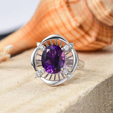 Natural Moroccan Amethyst & White Zircon Sunlit Grace Ring in Rhodium Overlay Sterling Silver 3.53 Ct.