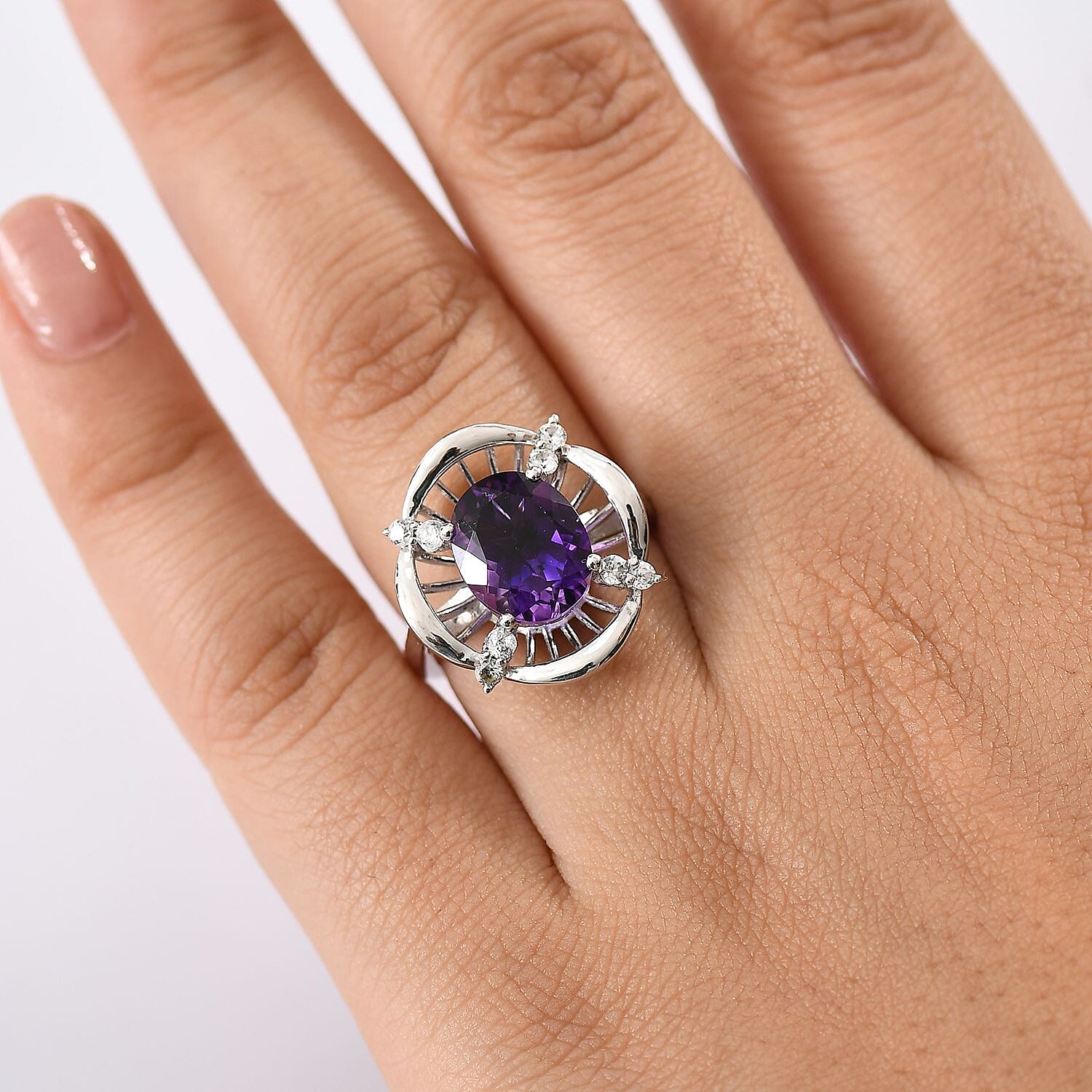 Natural Moroccan Amethyst & White Zircon Sunlit Grace Ring in Rhodium Overlay Sterling Silver 3.53 Ct.