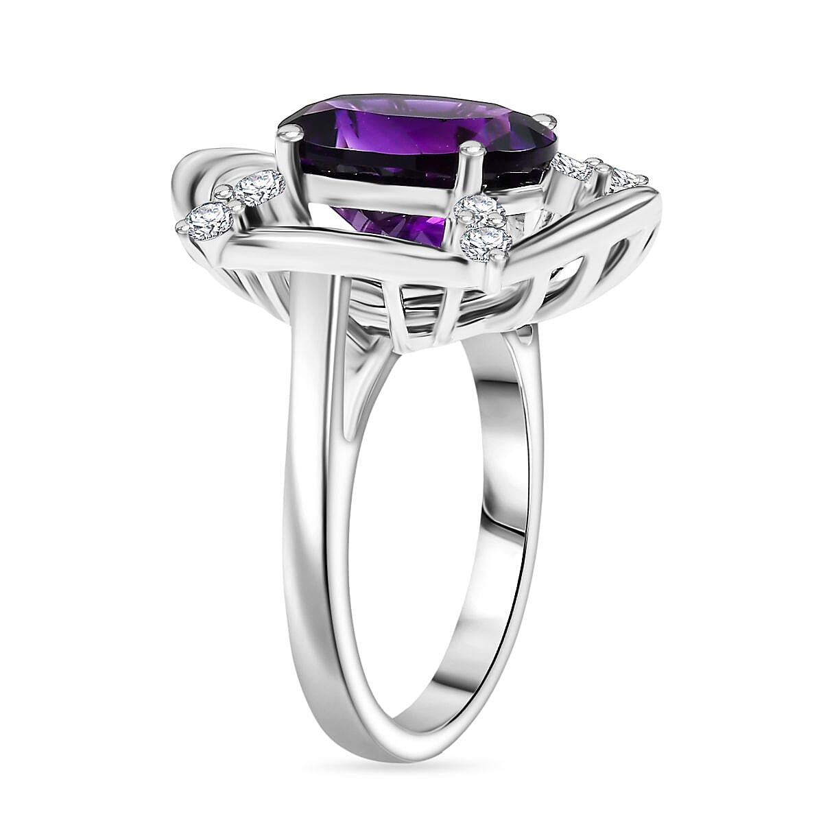 Natural Moroccan Amethyst & White Zircon Sunlit Grace Ring in Rhodium Overlay Sterling Silver 3.53 Ct.