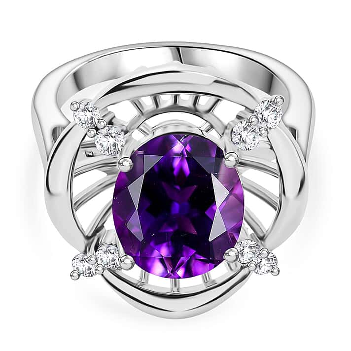 Natural Moroccan Amethyst & White Zircon Sunlit Grace Ring in Rhodium Overlay Sterling Silver 3.53 Ct.