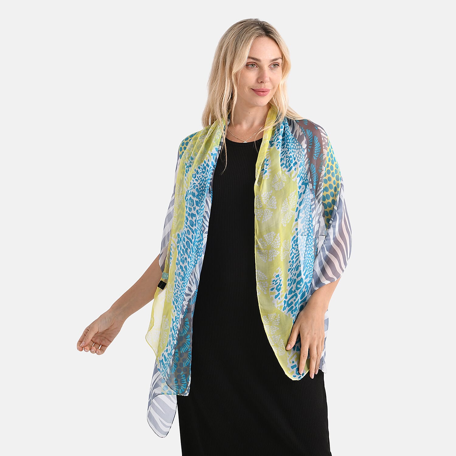 La Marey Mulberry Silk Printed Scarf (175 x 65cm) - Blue & Yellow