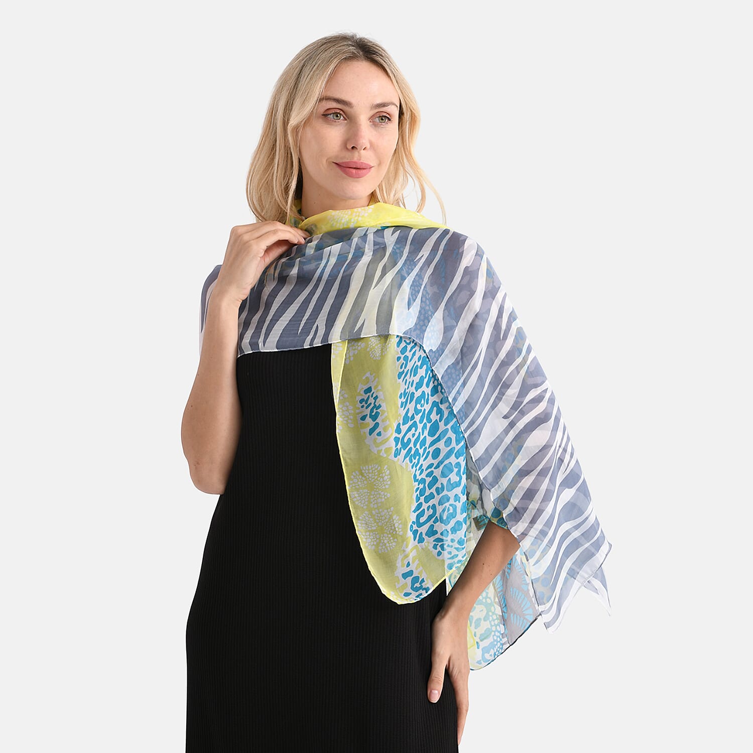 La Marey Mulberry Silk Printed Scarf (175 x 65cm) - Blue & Yellow