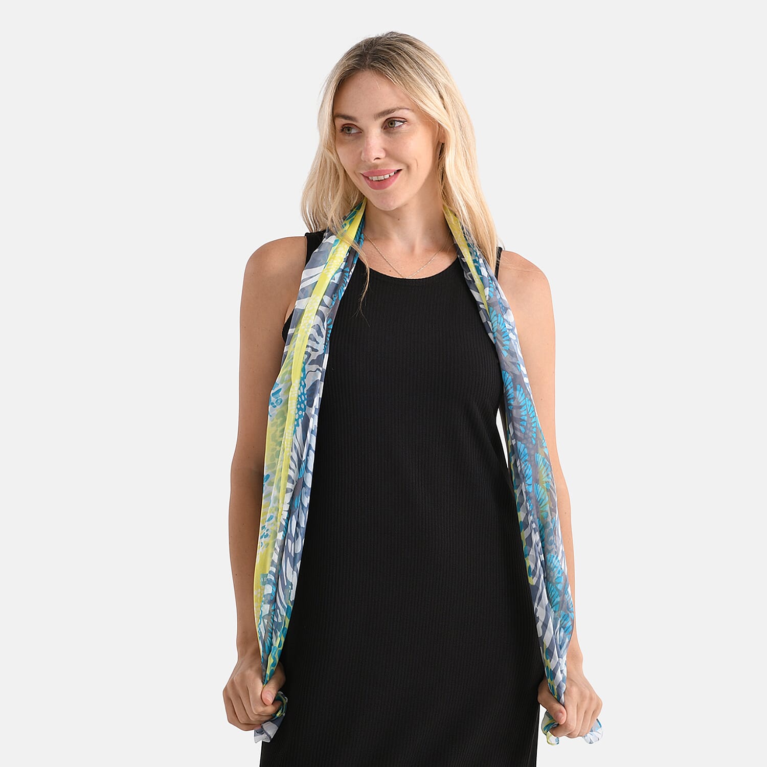La Marey Mulberry Silk Printed Scarf (175 x 65cm) - Blue & Yellow