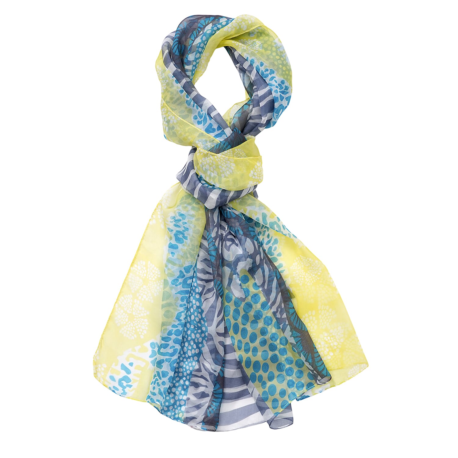 La Marey Mulberry Silk Printed Scarf (175 x 65cm) - Blue & Yellow
