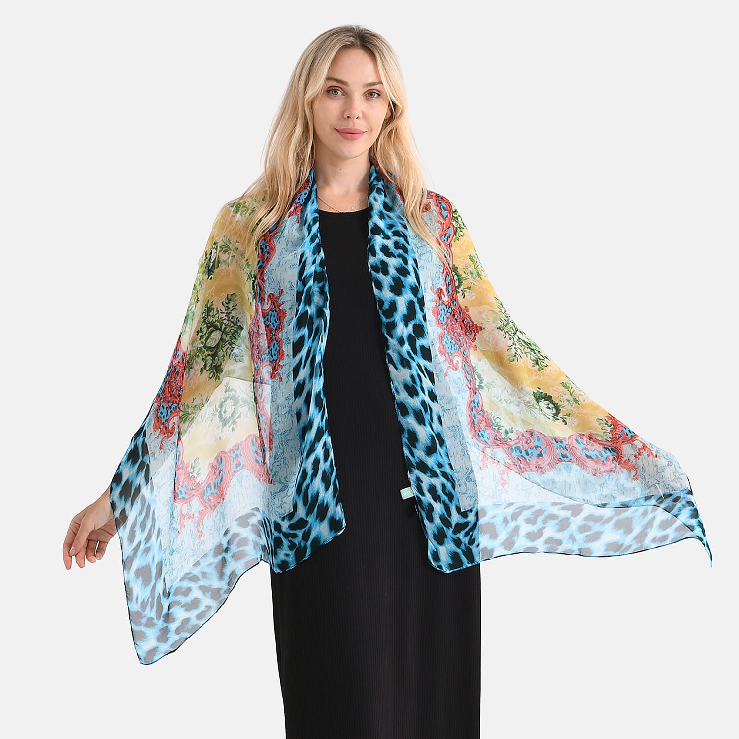 La Marey Mulberry Silk Leopard Print Scarf (175 x 65cm) - Blue & Red