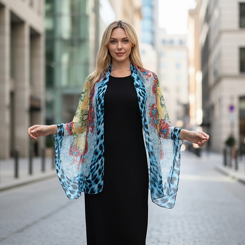 La Marey Mulberry Silk Leopard Print Scarf (175 x 65cm) - Blue & Red