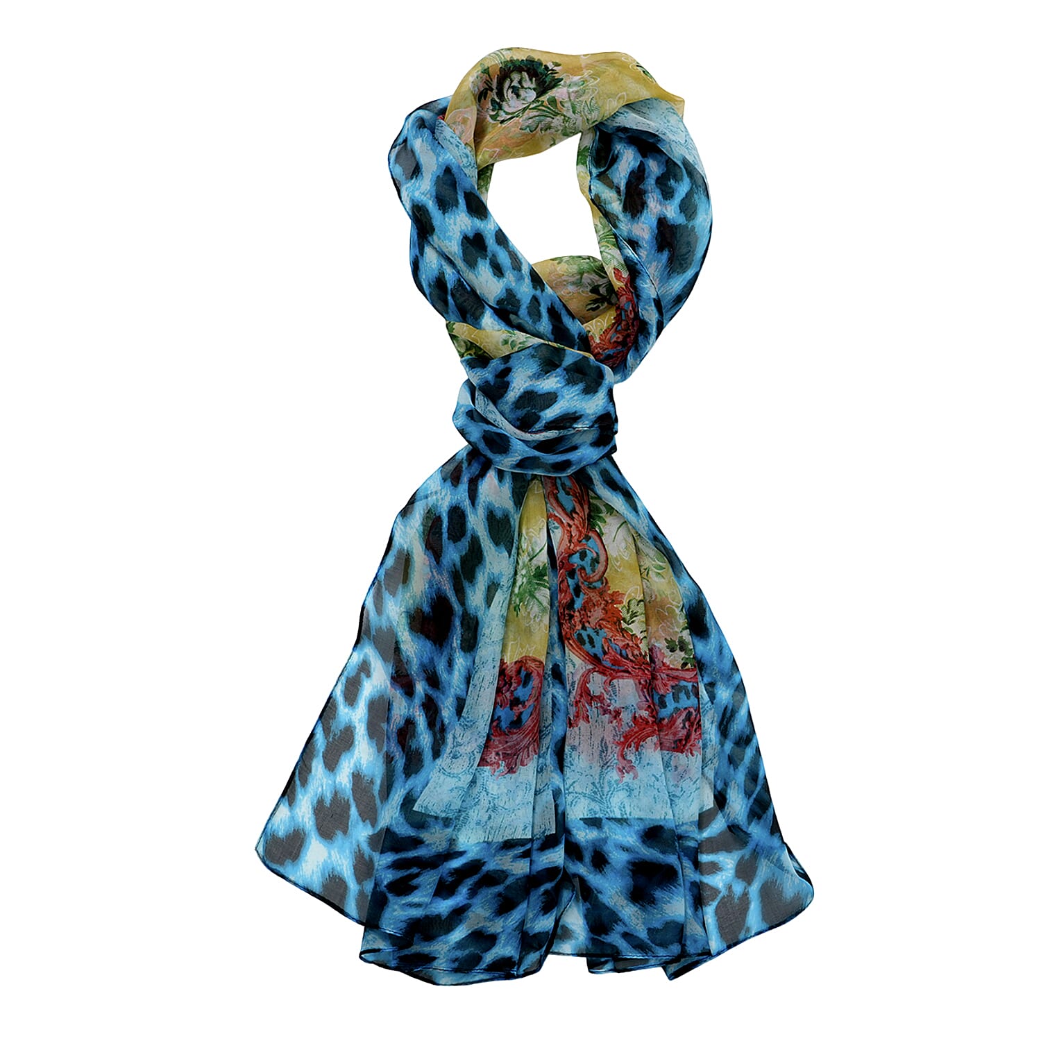 La Marey Mulberry Silk Leopard Print Scarf (175 x 65cm) - Blue & Red