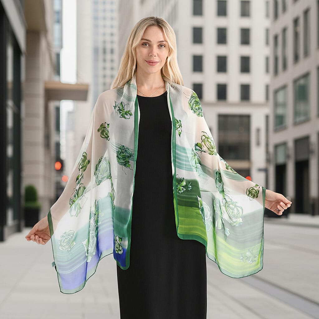 La Marey Mulberry Silk Floral Print Scarf (175 x 65cm) - Blue & Green