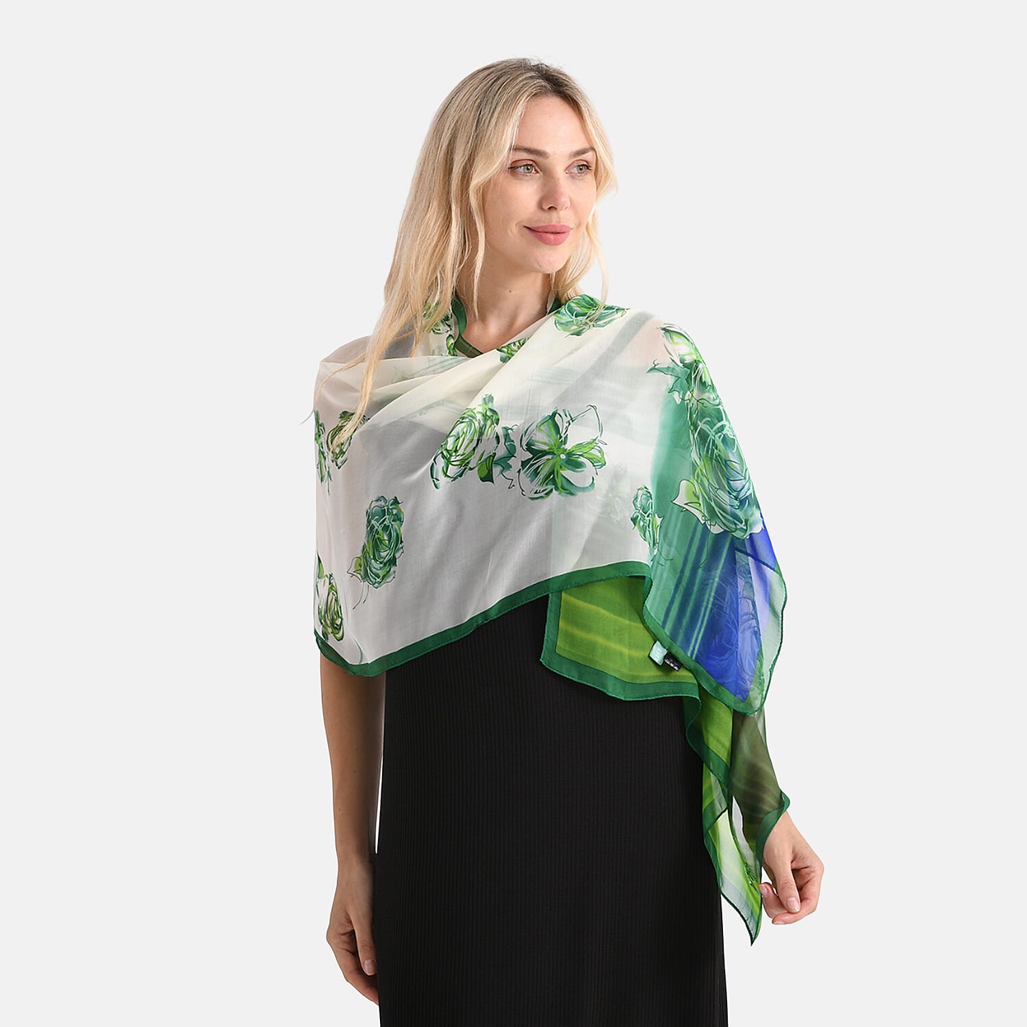 La Marey Mulberry Silk Floral Print Scarf (175 x 65cm) - Blue & Green