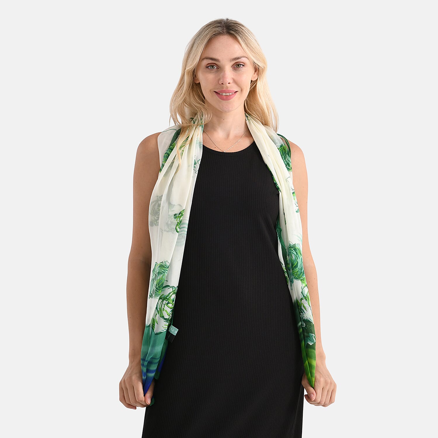 La Marey Mulberry Silk Floral Print Scarf (175 x 65cm) - Blue & Green