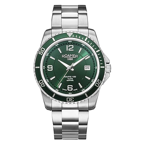 Roamer Nautic Swiss Quartz Movt. 10ATM Mens Green Dial Watch with Silver Color Stainless Steel Strap