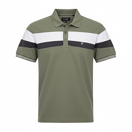 Mens Polo Shirt with Horizontal Color Block Stripes (Size M) - Olive