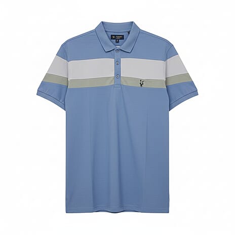 Mens Polo Shirt with Horizontal Color Block Stripes (Size M) - Light Blue
