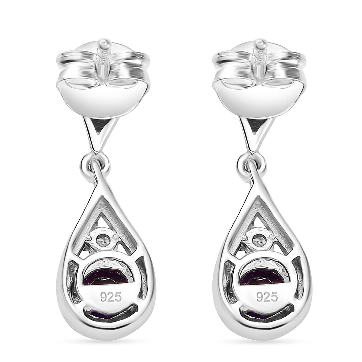 Natural Moroccan Amethyst, White Zircon Teardrop Blossom Dangling Earring with Push Back in Rhodium Overlay Sterling Silver 1.15 Ct. Natural Moroccan Amethyst, White Zircon Teardrop Blossom Dangling Earring with Push Back in Rhodium Overlay Sterling Silver 1.15 Ct.