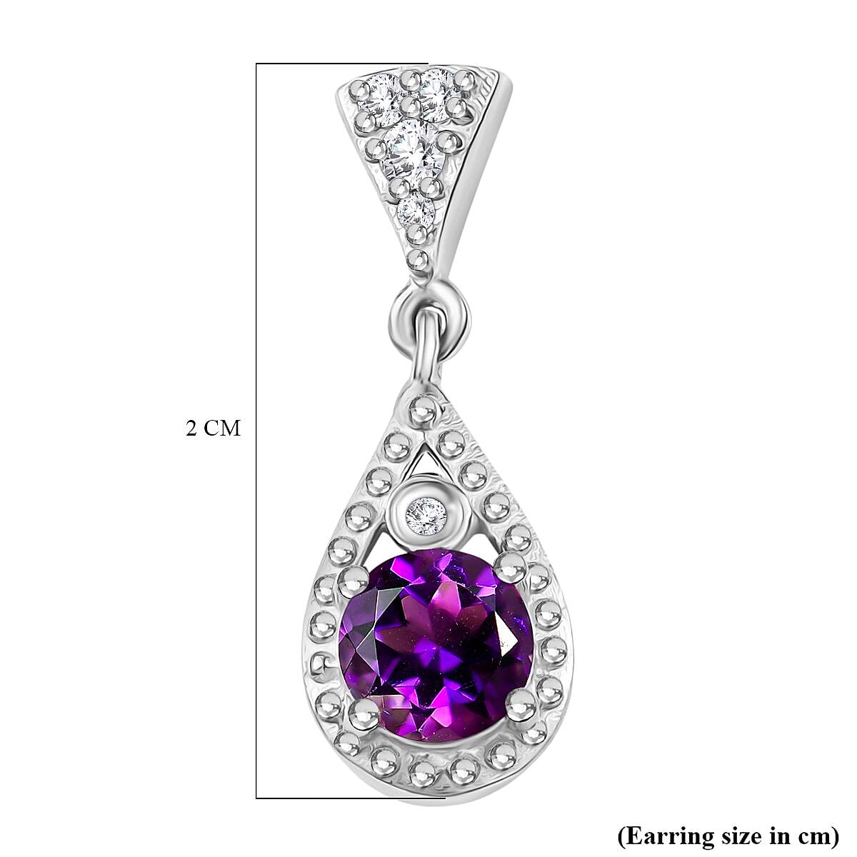Natural Moroccan Amethyst, White Zircon Teardrop Blossom Dangling Earring with Push Back in Rhodium Overlay Sterling Silver 1.15 Ct. Natural Moroccan Amethyst, White Zircon Teardrop Blossom Dangling Earring with Push Back in Rhodium Overlay Sterling Silver 1.15 Ct.