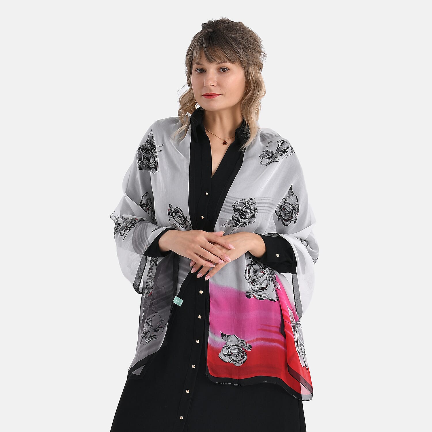 La Marey Floral Motifs Print Mulberry Silk Scarf (Size- 175x65cm) - Black, Pink & White