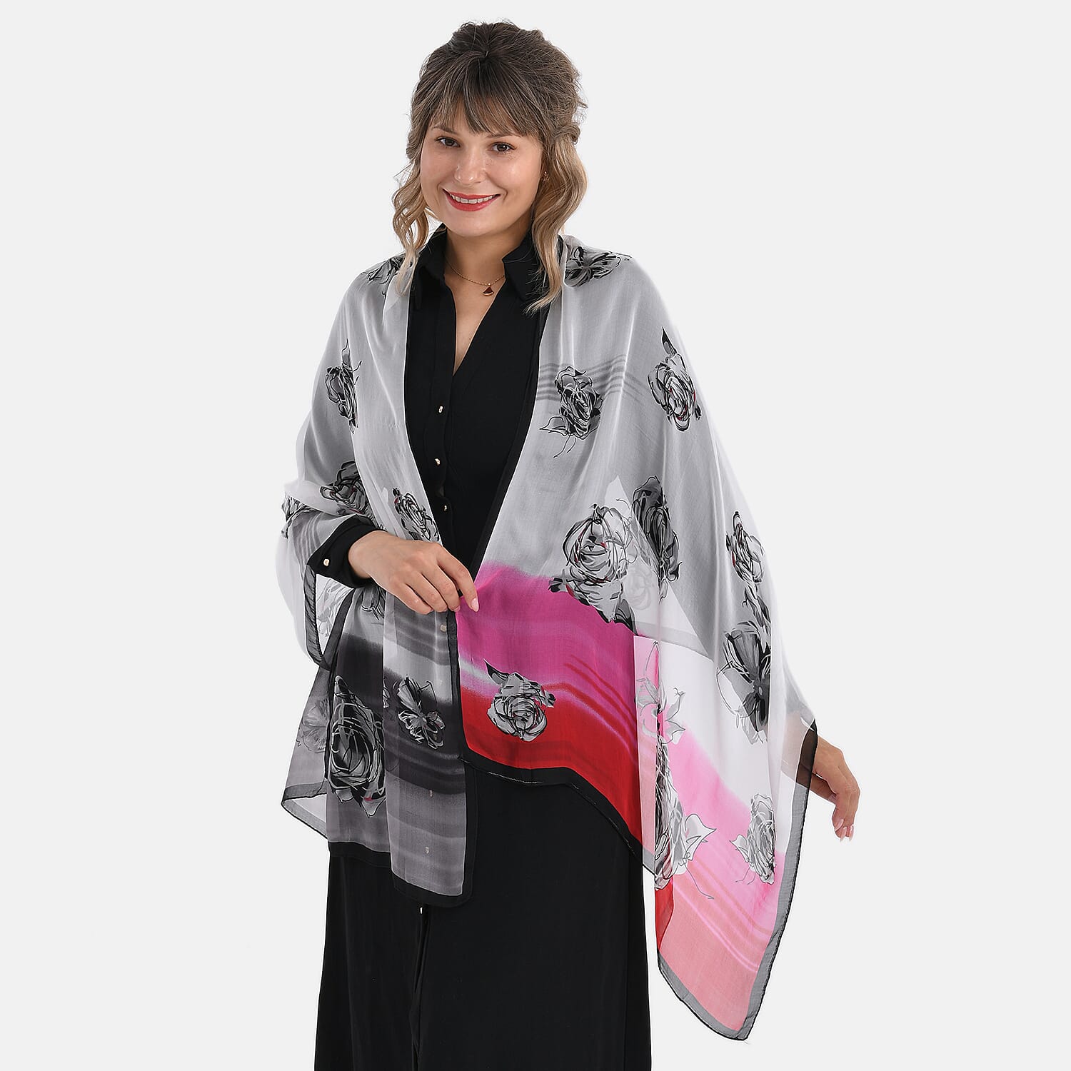 La Marey Floral Motifs Print Mulberry Silk Scarf (Size- 175x65cm) - Black, Pink & White