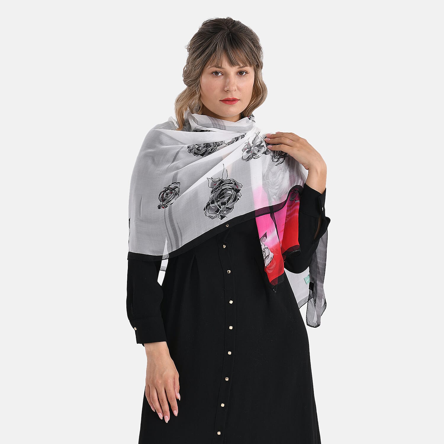La Marey Floral Motifs Print Mulberry Silk Scarf (Size- 175x65cm) - Black, Pink & White
