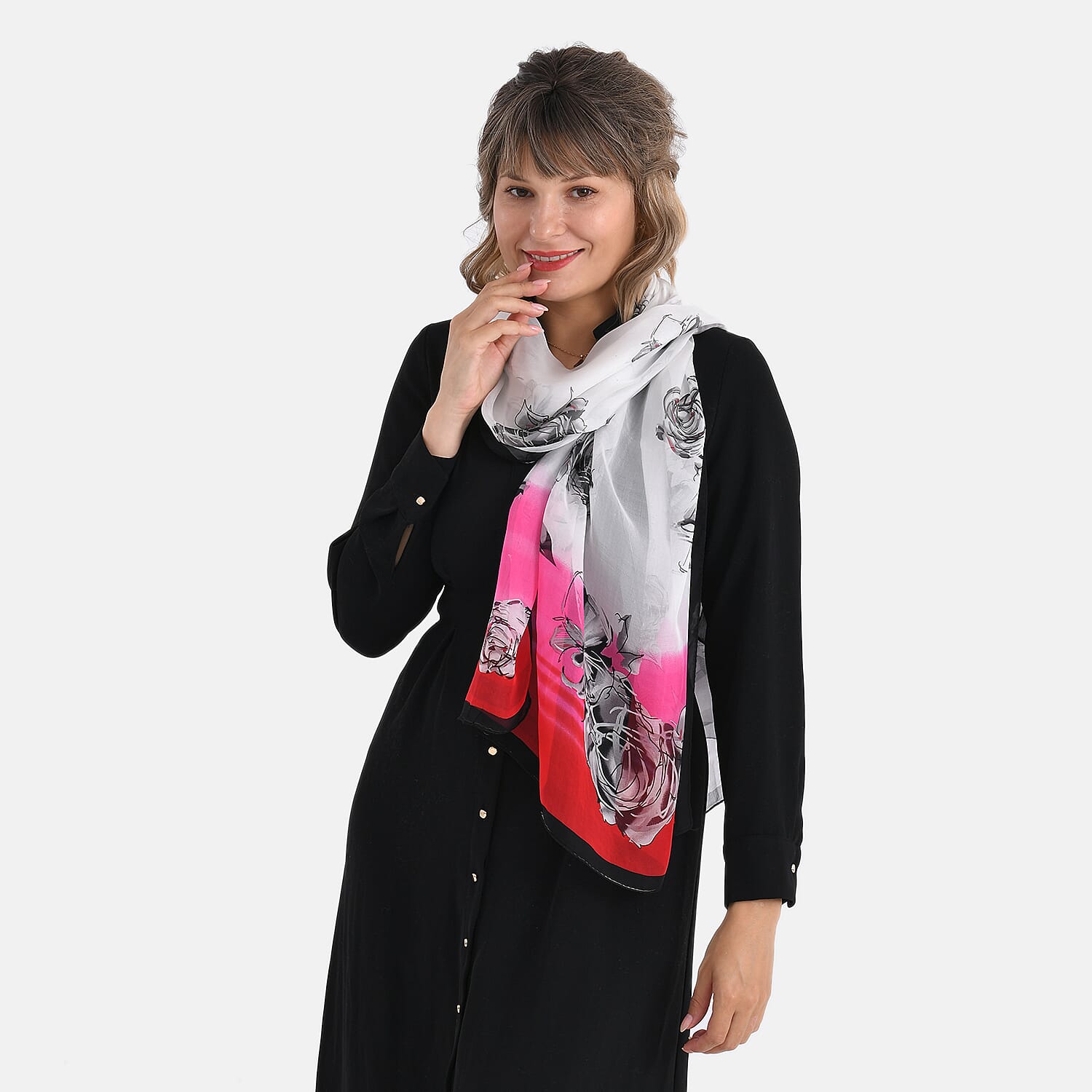 La Marey Floral Motifs Print Mulberry Silk Scarf (Size- 175x65cm) - Black, Pink & White