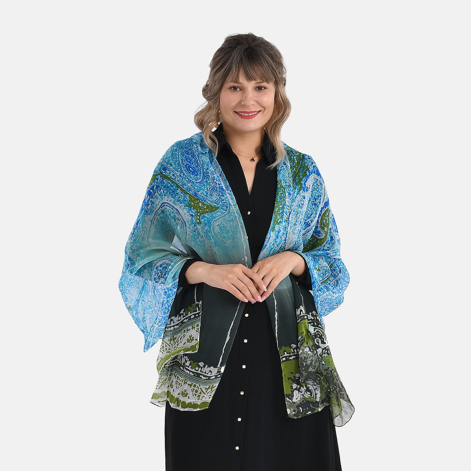 La Marey Abstract Print Mulberry Silk Scarf (Size- 175x65cm) - Blue, Black & Green