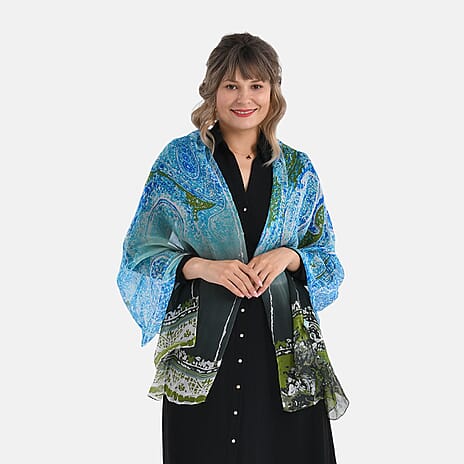 La Marey Abstract Print Mulberry Silk Scarf (Size- 175x65cm) - Blue, Black & Green