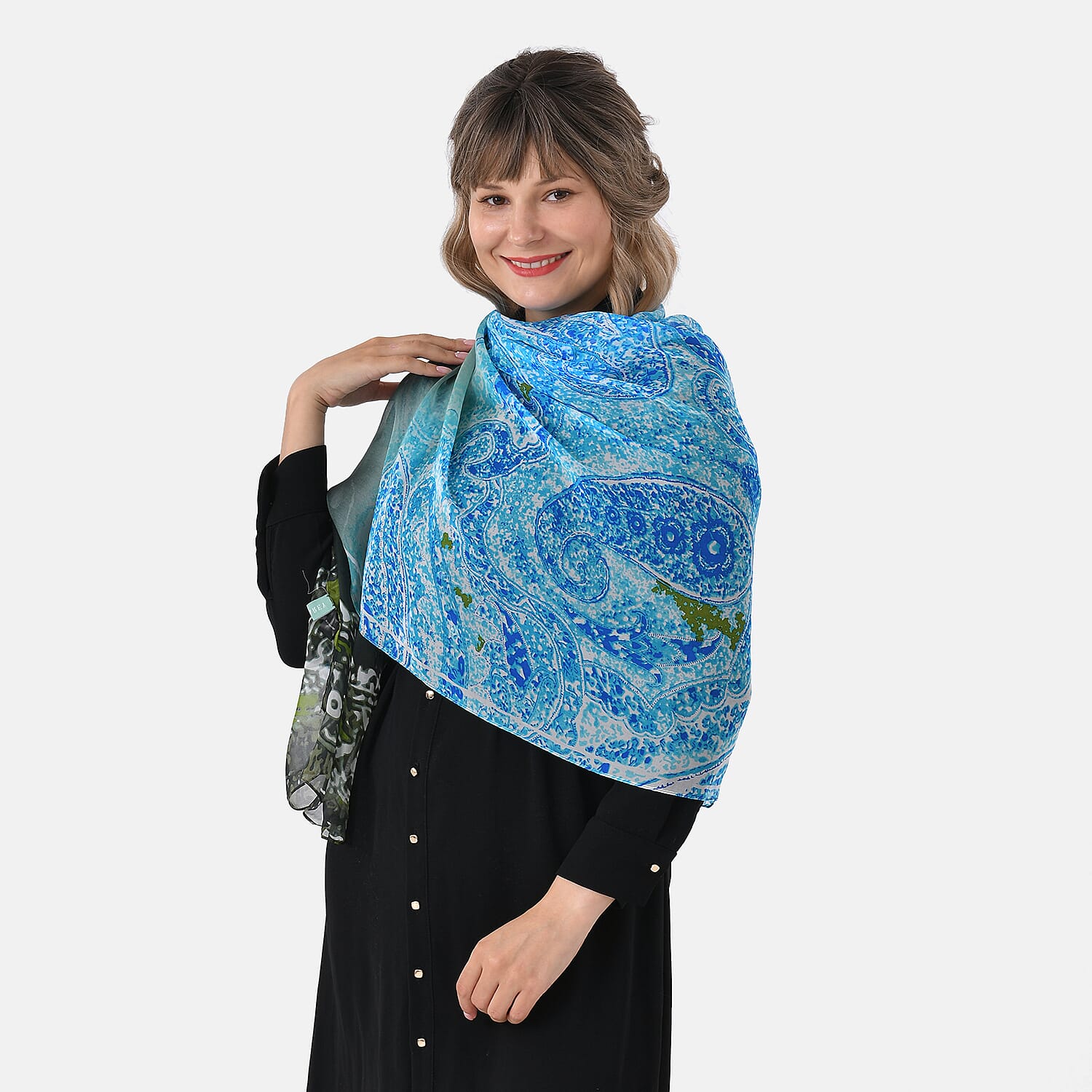 La Marey Abstract Print Mulberry Silk Scarf (Size- 175x65cm) - Blue, Black & Green