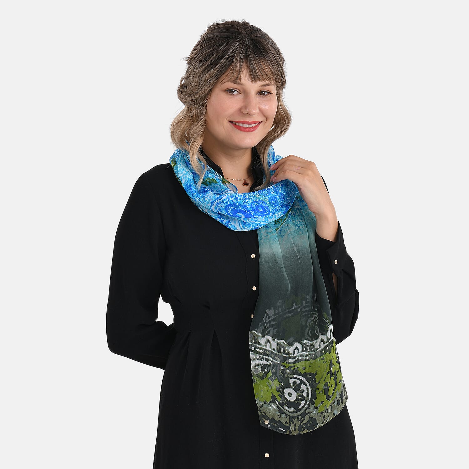La Marey Abstract Print Mulberry Silk Scarf (Size- 175x65cm) - Blue, Black & Green