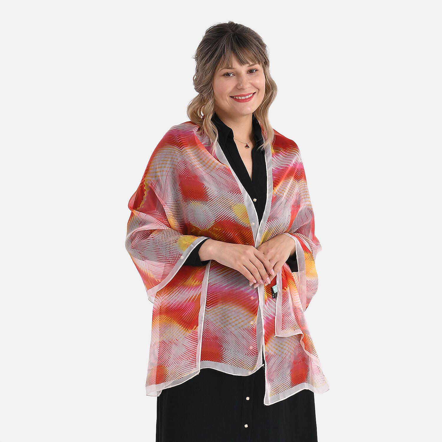 La Marey Abstract Print Mulberry Silk Scarf (Size- 175x65cm) - Red, Orange & Yellow