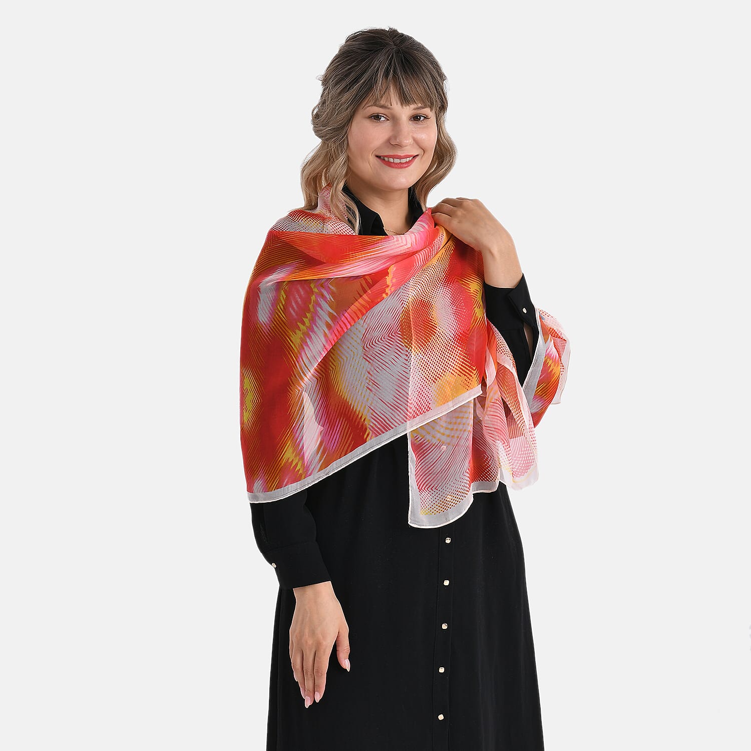 La Marey Abstract Print Mulberry Silk Scarf (Size- 175x65cm) - Red, Orange & Yellow