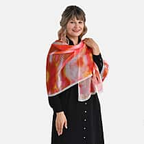 La Marey Abstract Print Mulberry Silk Scarf (Size- 175x65cm) - Red, Orange & Yellow