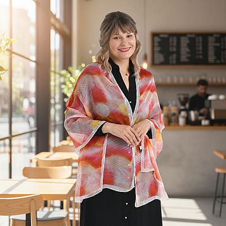 La Marey Abstract Print Mulberry Silk Scarf (Size- 175x65cm) - Red, Orange & Yellow