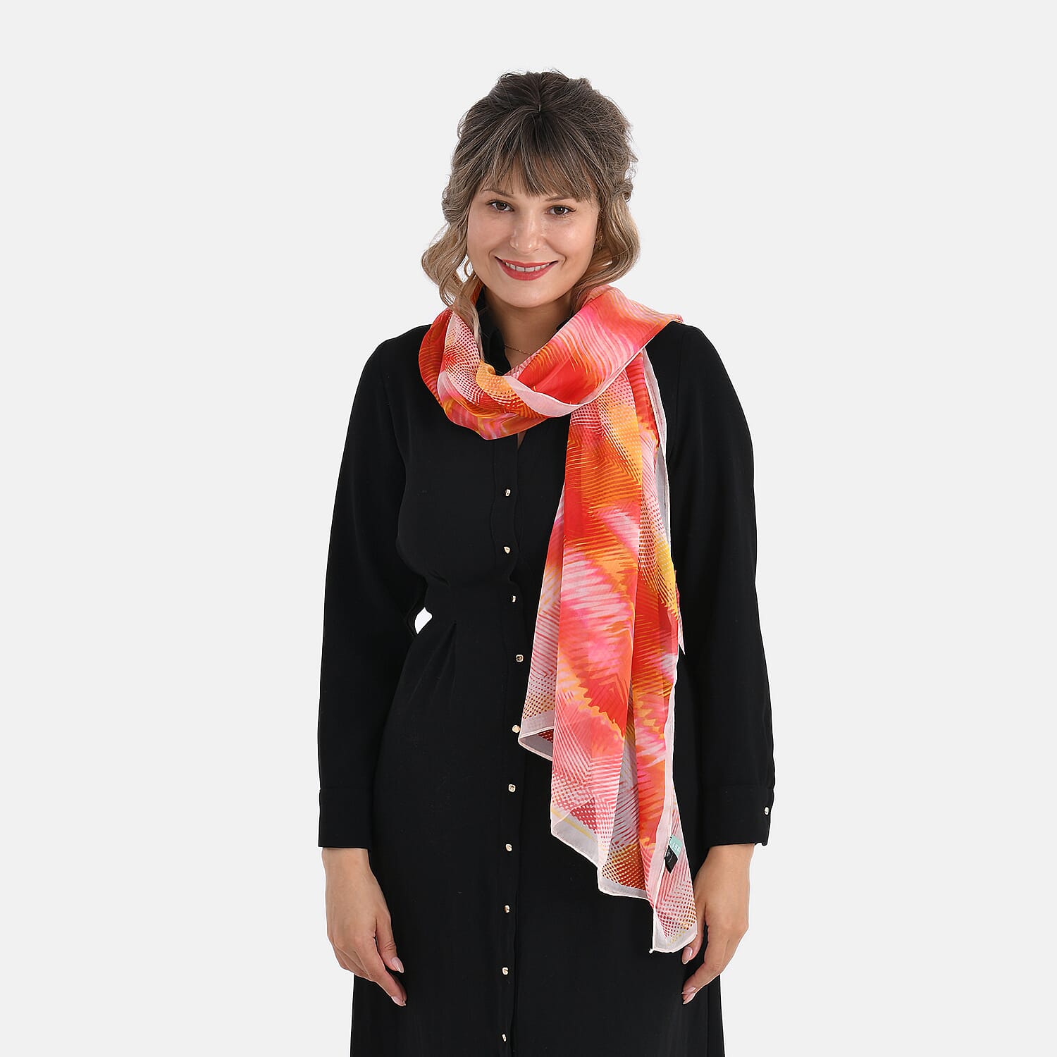 La Marey Abstract Print Mulberry Silk Scarf (Size- 175x65cm) - Red, Orange & Yellow