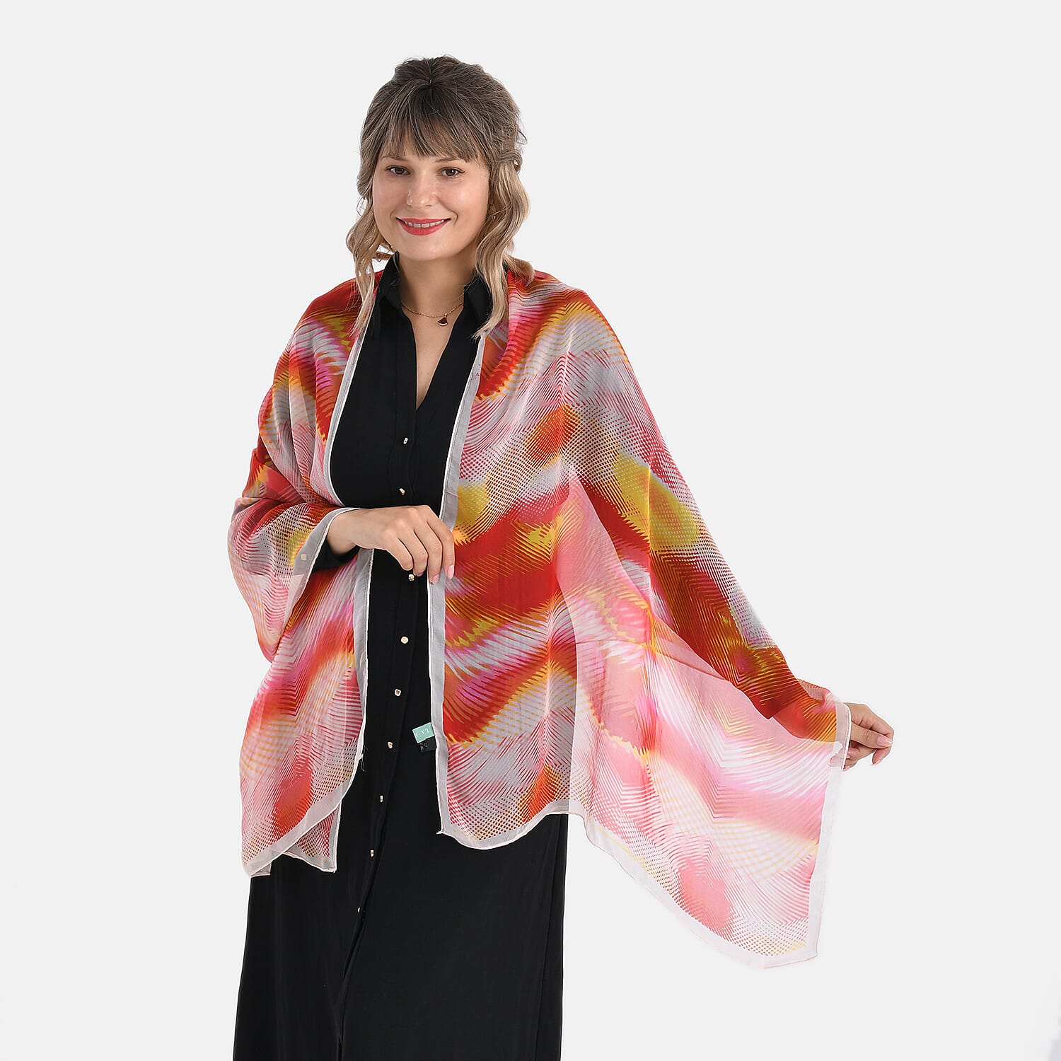 La Marey Abstract Print Mulberry Silk Scarf (Size- 175x65cm) - Red, Orange & Yellow