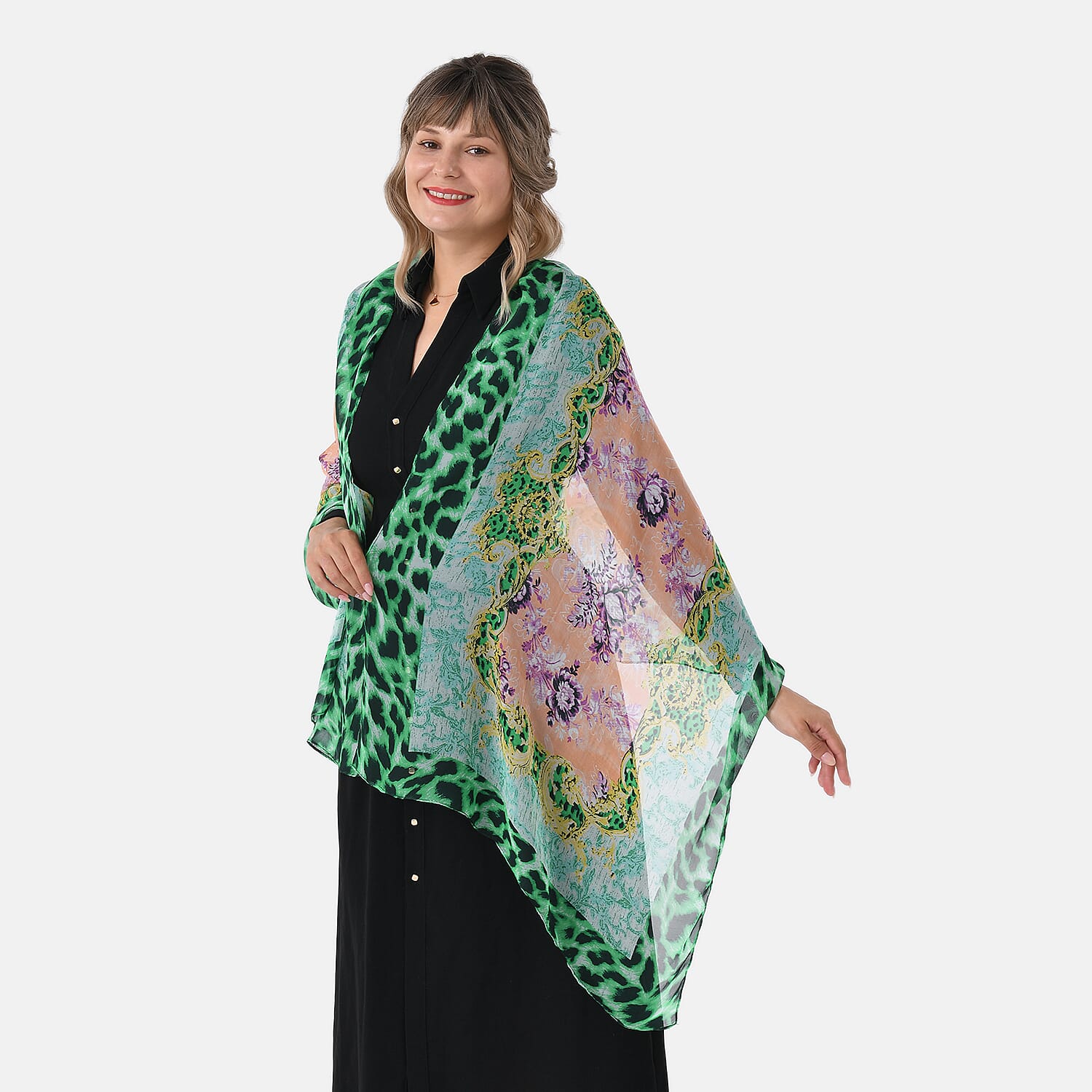 La Marey Abstract Print Mulberry Silk Scarf (Size- 175x65cm) - Green