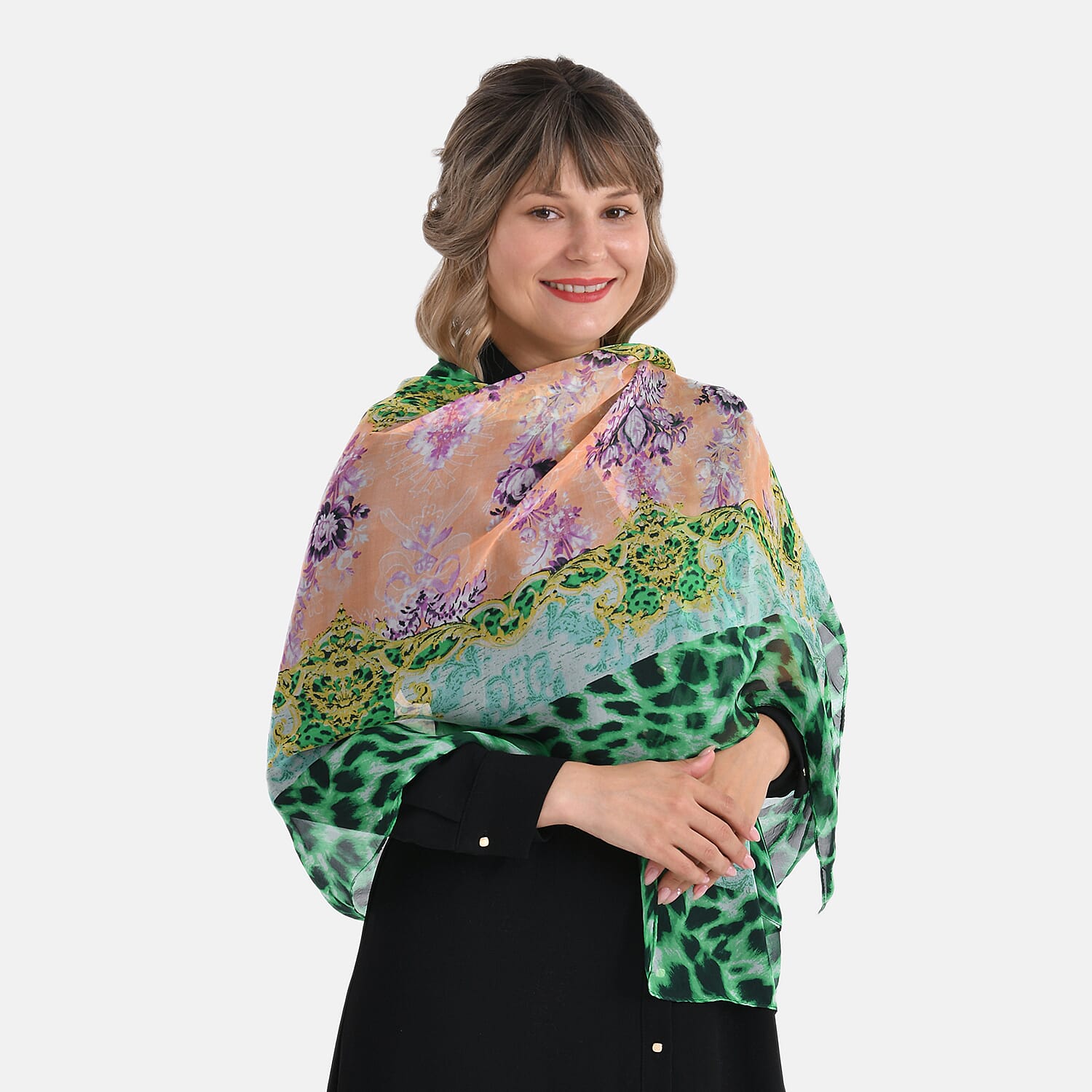 La Marey Abstract Print Mulberry Silk Scarf (Size- 175x65cm) - Green
