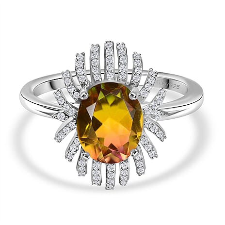 D'joy Rainbow Genesis Quartz & White Zircon Sunburst Glow Ring in Rhodium Overlay Sterling Silver 3.44 Ct.