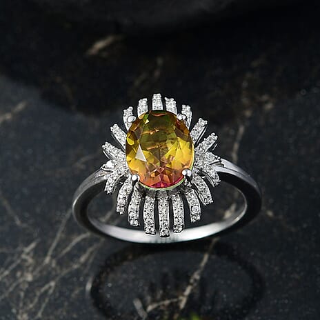 D'joy Rainbow Genesis Quartz & White Zircon Sunburst Glow Ring in Rhodium Overlay Sterling Silver 3.44 Ct.