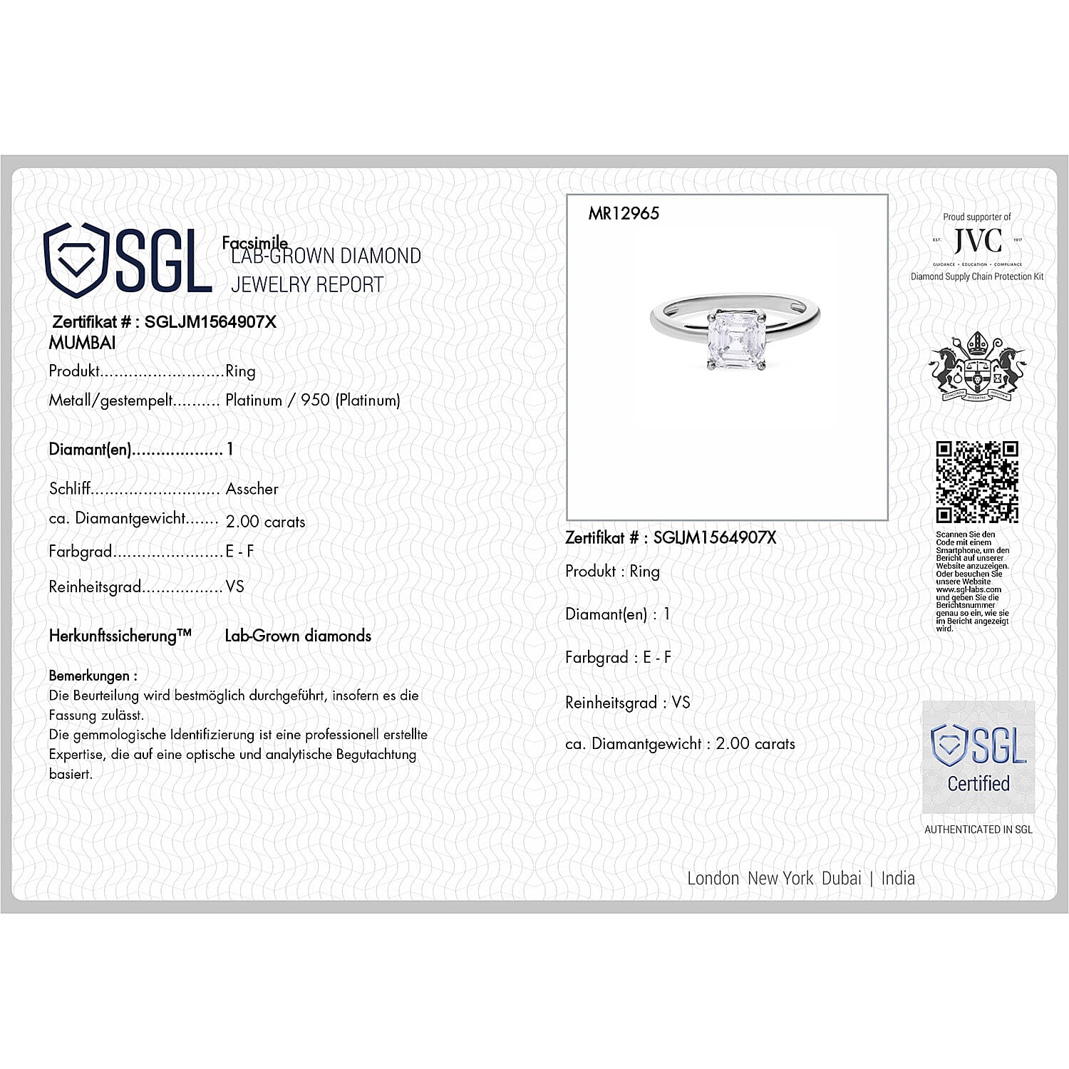Luxuriant 950 Platinum SGL Certified Lab Grown Diamond Ring