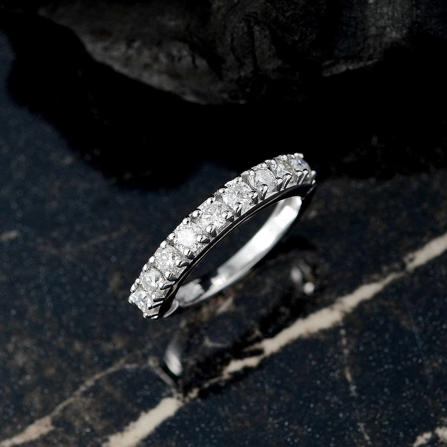 Moissanite Band Ring in Rhodium Overlay Sterling Silver 0.96 Ct.