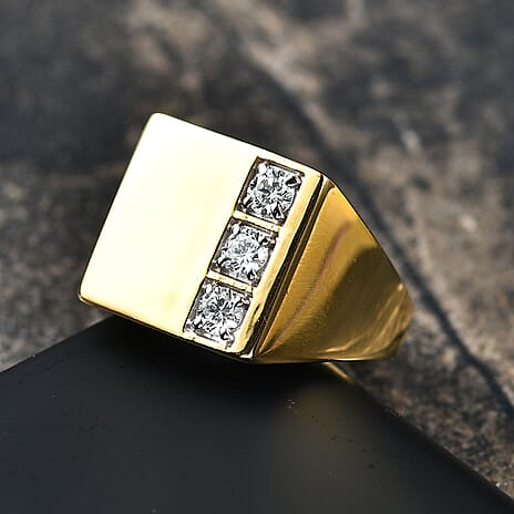 Luxuriant Lab Grown Diamond (SI-GH) Trilogy Signet Ring(0.30ct.) in 18K Vermeil Yellow Gold Plated Sterling Silver.