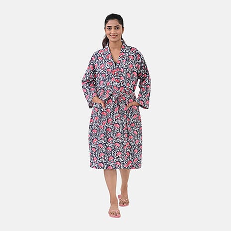 THE MASSIVE REDUCTION - Sukriti 100% Cotton Screen Print Waffle Bath Robe with Pockets (One Size) - Navy, Blue and Pink