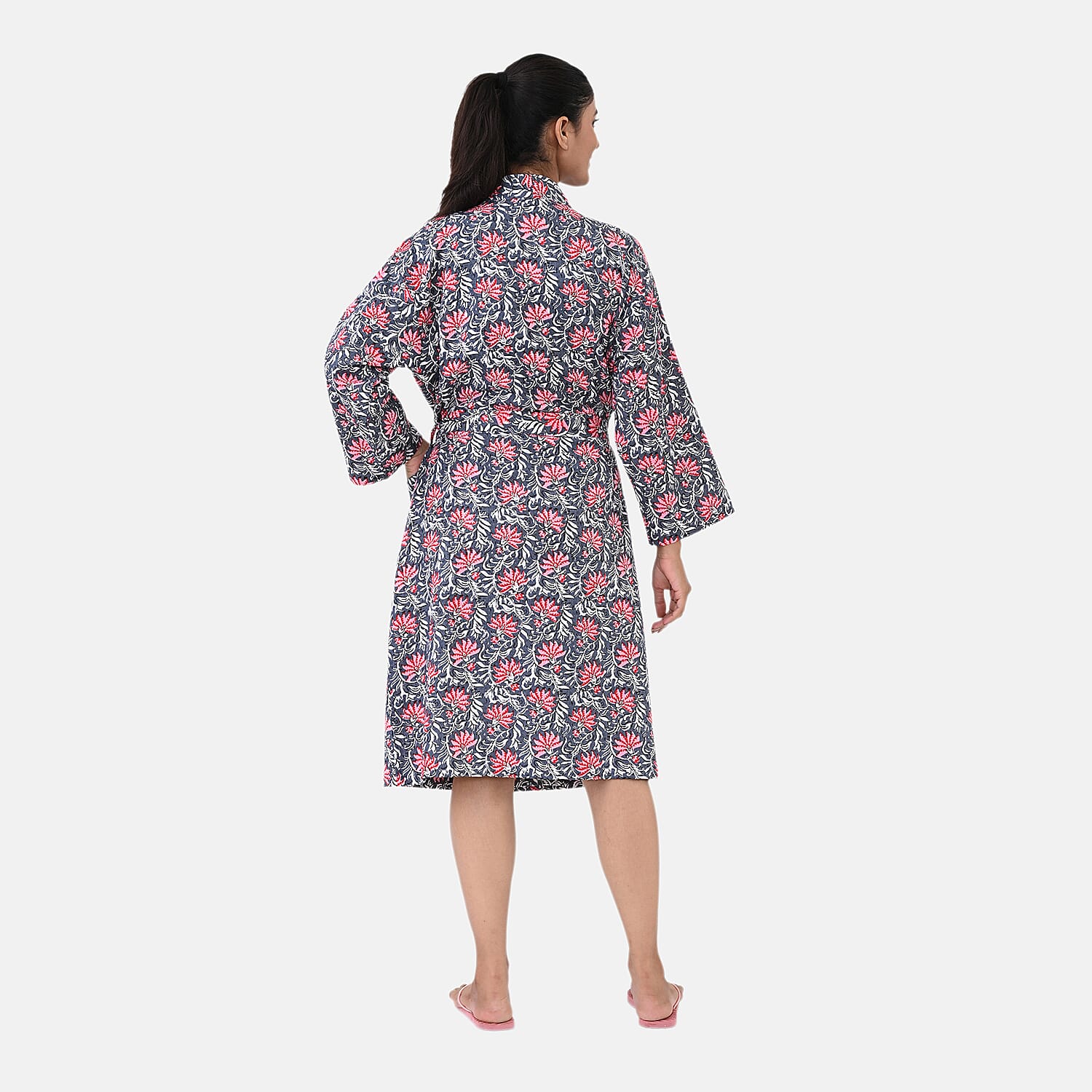 Cotton Printed Robe (Size - One Size) - Navy Blue Pink & Pink